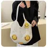Bolsa de Algodão Tecida com Rosto Sorridente Estilo Preguiçoso de Ombro Único, Nova Bolsa de Palha Casual Grande Capacidade Vazada, Bolsa de Praia Estilo Férias