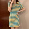 Vestido de Punto con Cuello Polo a Rayas Coreano para Mujer, Elegante, Holgado, Diseño Adelgazante, Cuello en V, Manga Corta, Vestido Corto para Verano