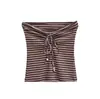 Chal de Mujer Coreano Rayado con Cordón al Frente + Top Camisola Corta de Cintura Alta + Pantalones Casuales Rectos de Pierna Ancha Rayados con Parches
