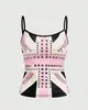Moda de Verano 2026 Moderna Camisola Y2K Color Bloqueo Dulce Fresco Rosa y Plateado Tachonada Ajustada Ceñidor de Cintura Top Corto de Tirantes