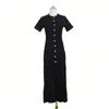 Vestido de Punto Hueco Estilo Nuevo de Verano en Stock Venta al por Mayor Cuello Redondo Manga Corta Botones al Frente Cintura Ajustada Abertura Vestido Largo