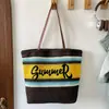 Bolso de Paja Rayado Color-Block de Verano con Bordado de Letras, Bolso Tote Tejido para Vacaciones en la Playa, Bolso de Hombro de Gran Capacidad para el Día a Día