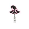 Porta-credencial retráctil de acrílico de Halloween con diseño de Fantasma Negro y Gato Negro, con moño rosa