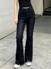 Jeans Feminino High Street Europeu e Americano 2026 com Barra Desfiada e Patchwork, Modelagem Slim, Elástico, Levemente Flare Calça Jeans Feminina