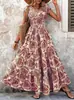 Vestido Estampado Retrô Amazon 2025 Comércio Exterior Transfronteiriço Moda Elegante Decote V Manga Curta Vestido Longo para Mulheres