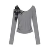 Camiseta elegante de manga larga gris claro para mujer, con diseño de cuello en V y corbata de lazo, corte ajustado, top de hombros descubiertos para primavera y otoño