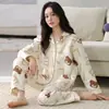 Pijama Camada de Algodão de Ar de Inverno para Mulheres, Manga Longa, Calça Longa, Cardigã com Lapela, Aconchegante, Quente, Roupa de Casa, Pode Ser Usado Fora, Conjunto