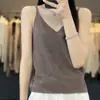Camisola de lana peinada para mujer, color liso simple, cuello en V, sin mangas, holgada, adelgazante, fina, base de punto lingote