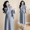 Em Estoque Vestido de Maternidade Outono e Inverno 2025 Moda Coreana Elegante Emagrecedor Novo Estilo Chinês Conjunto de Maternidade Base + Colete de Botão