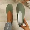 Sapatos casuais, bico redondo elástico, corte baixo, sola plana, estilo slip-on, femininos, com cabedal em tricô, disponíveis em preto e verde, com salto quadrado, e outros sapatos de bico fino.