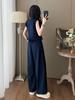 Conjunto de Moda Coreana Elegante y Popular para Mujer Verano 2026, Conjunto de Dos Piezas Juvenil y Moderno: Top Azul sin Mangas y Pantalones de Pierna Ancha