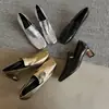 Zapatos de tacón medio de cuero de vaca de primera capa para mujer, Novedades de primavera, Zapatos de vestir cuadrados retro de cuero genuino en dorado y plateado para mujer