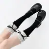Calcetines Lolita dulces estilo japonés hasta la pantorrilla con ribete de encaje y lazos apilados para niñas, lindos blancos
