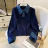 Camisa jeans com gola emendada, suéter falso de duas peças, feminino, outono e inverno 2026, novo estilo coreano, chique, com senso de alta qualidade, cardigã de tricô