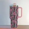 Taza de Coche Rosa Floral Transfronteriza de 40 oz con Asa y Popote, Taza Térmica, Taza para Hielo con Popote