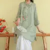 Camisa de algodón y lino estilo chino nuevo, artística y retro, top de verano de longitud media bordado estilo étnico, vestido de té holgado para mujer