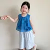 Conjunto de Verão para Meninas 2026 Novo Conjunto de Duas Peças Klein Blue com Laço e Calça Listrada para Bebê