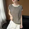 Camiseta de punto vintage a rayas estilo francés de manga corta para mujer, verano 2026, fina, holgada, seda de hielo, fresca, adelgazante, con pequeñas mangas acampanadas