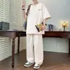 Traje de Seda de Hielo de Cuello Redondo Estilo Hong Kong para Hombre, Nuevo Versátil Casual Holgado Moda de Gama Alta de Manga Corta con Pantalón Largo Conjunto de Dos Piezas para Hombre