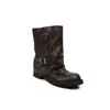 Botas curtas plissadas de couro genuíno estilo vintage britânico para comércio transfronteiriço, bico redondo preto, salto grosso com fivela de cinto, botas slip-on estilo western para mulheres