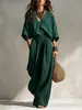 Conjunto de Lino Bohemio Europeo y Americano para Vacaciones Manga Corta con Escote en V Profundo Pantalones de Pierna Ancha Holgados Casual Conjunto de Dos Piezas Ropa de Mujer Transfronteriza