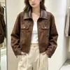Elegante chaqueta corta para mujer con cuello de PU y ante empalmado, nueva moda otoño 2026 estilo callejero ajustada para mujer