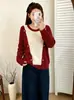Suéter de crochê com design de moda para mulheres plus size, coleção de outono 2026, top casual de cor bloco com caimento solto para mulheres plus size