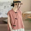 Nova coleção de verão: camisa versátil e estilosa de manga curta, com gola mandarim moderna estilo chinês, design abotoado e colete sem mangas, feita de algodão e linho, para mulheres