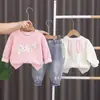 Nuevo Conjunto de Dos Piezas para Niñas de Algodón con Cuello Redondo Estampado de Conejo Sudadera Casual Pantalones de Mezclilla Moda Directo de Fábrica