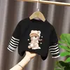 Camiseta de Moda Holgada con Parches de Dibujos y Rayas para Niños Mayores, Nueva Camiseta Básica de Primavera y Otoño para Niños, Manga Larga para Niñas