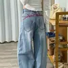 Jeans azul claro de perna larga feminino design outono senso bordado cintura alta solto modelador caimento perna reta calça comprimento total