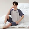 Pijama Bacteriostático 7A de Algodão Puro Masculino Primavera e Verão 2024 Novo Manga Curta Shorts Roupa de Casa conjunto Roupa Externa
