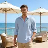 Nova Camisa Masculina de Algodão e Linho de Manga Longa para Comércio Exterior Transfronteiriço, Estilo Chinês, Cor Sólida, Casual, Simples, Camisa Retrô para Jovens