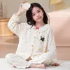 Pijama de Niña Estilo Princesa Primavera y Otoño Manga Larga Pantalón Largo Cuello de Encaje Infantil Cardigan Ropa de Casa Algodón Nube Conjunto de Dos Piezas