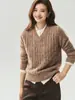 Moda Retrô para o Trabalho~75% Caxemira 25% Seda de Amora Tricô Feminino Cinco Agulhas Fio Fantasia Gola V Suéter Solto Emagrecedor