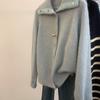 Cardigan de Tricô com Pelo de Guaxinim Azul Claro Pequeno 2025 para Mulheres, Novo Design de Primavera e Outono com Gola Reversível Estilosa, Textura Preguiçosa e Macia
