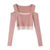 Suéter de manga larga de primavera y otoño, estilo coreano, nuevo nicho, cuello cuadrado falso de dos piezas con hombros descubiertos, máquina cuidadosa, top sexy de estudiante para mujer