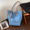 Bolso de Lona Nuevo Bordado de Perrito Cereza, Bolso de Hombro Rayado Doble Cara Simple y Versátil, Bolso Tote de Moda de Nicho para Mujeres