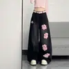 Fornecimento exclusivo transfronteiriço: Jeans Wide Leg com Bordado de Patinha de Gato para Homens e Mulheres, Calças Retas Emagrecedoras de Cintura Alta para o Verão, Tendência