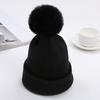 Gorro para Niños de Moda Otoño e Invierno de Punto con Bola de Pelo de Conejo Linda Gorro de Punto con Borde Enrollado Cálido de Color Sólido para Niños Pequeños