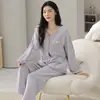 Conjunto de Pijama Feminino de Outono 2026: Cardigã Fino de Algodão Elástico com Mangas Longas e Calça Longa para Usar em Casa
