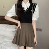 Conjunto de duas peças falso com costura de lapela e punho, colete, camisa curta de malha, estilo universitário feminino, blusa de manga curta quente e doce para mulheres