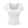Camiseta Sexy de Manga Curta com Decote em U e Design Básico Elástico de Cintura Marcada Slim-Fit para um Visual Emagrecedor, Adequada para Garotas Descoladas