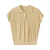 Suéter de Lã 100% Gola Polo Tricô Canelado Manga Curta Feminino Outono Emagrecedor Tricô Canelado Lapela Camada Base