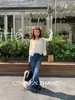 Calça jeans feminina Youji CZZHANG com retalhos e franjas estilosas, nova para o outono, perna larga, comprimento total C31013