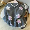 Cardigan Tricotado Jovem de Manga Longa com Bordado de Flor 3D para Mulheres, Casaco Suéter de Gola Redonda para Outono, Cinza