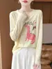 2025 Outono Inicial Nova Malha Worsted Gola Redonda Manga Longa Feminina Estampa Animal Pulôver Solto Camisa Base Top