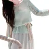 Cardigan de Punto Calado de Nuevo Estilo para Mujer Primavera Temprana 2026 con Diseño de Manga Larga Francesa, Estilo Suave, Suéter de Punto Holgado