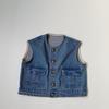 Gl-Kids Versión Coreana Otoño Nuevo Chaleco de Mezclilla Vintage Lavado para Niños Unisex Bolsillo Grande Sin Mangas