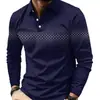 Camisa polo de manga larga para hombre, estampado digital casual, camisa sencilla con diseño de rayas y patrón geométrico para hombre